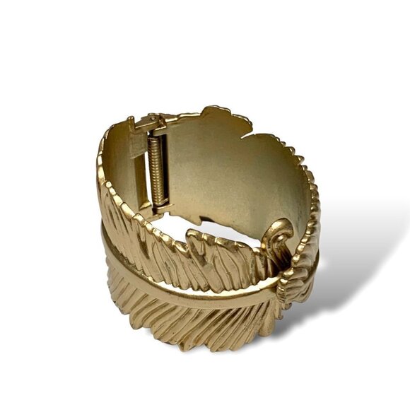 Gold Feather Hinge Statement Bangle Bracelet For Women - Picture 6 of 7